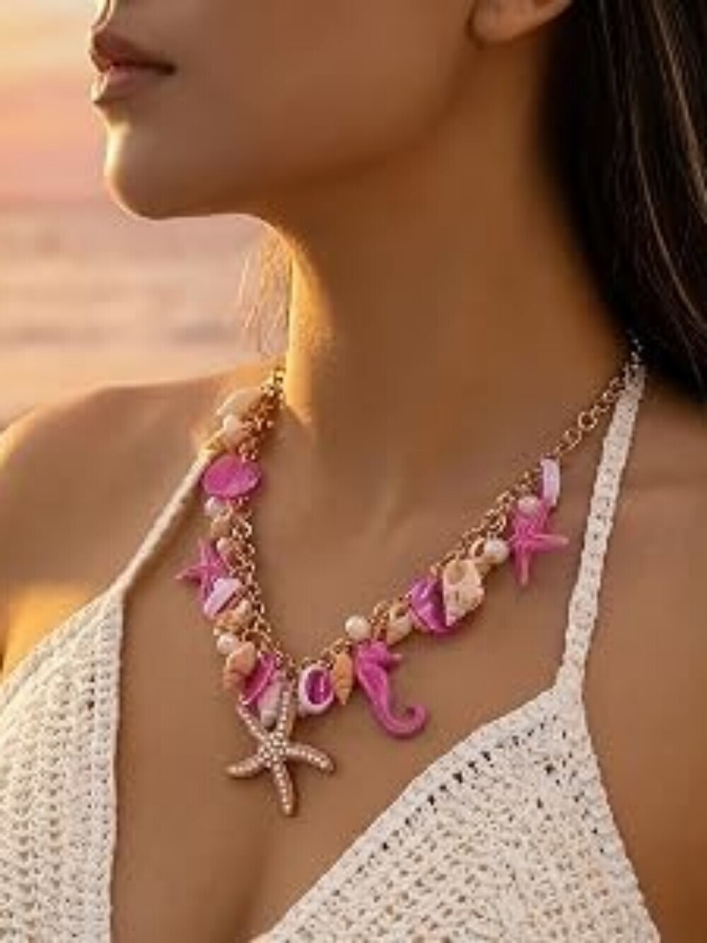 Starfish Seashell Seahorse Conch Charm Statement Necklace